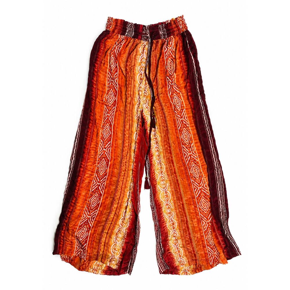 NWT Earthbound Trading Co Boho Wide Leg Pants Red Orange Print Drawstring L